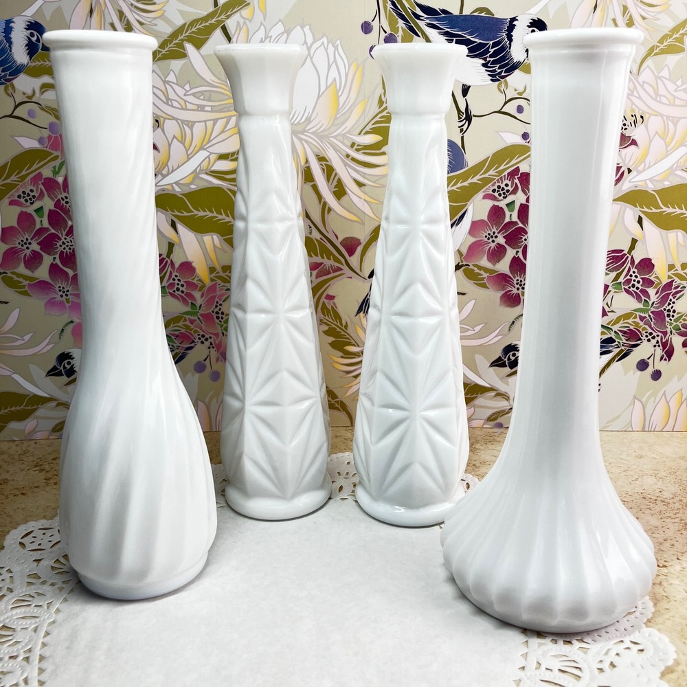 Hoosier Glass Bud Vases Set of 4 Vintage Milk Glass White Geometric Swirl